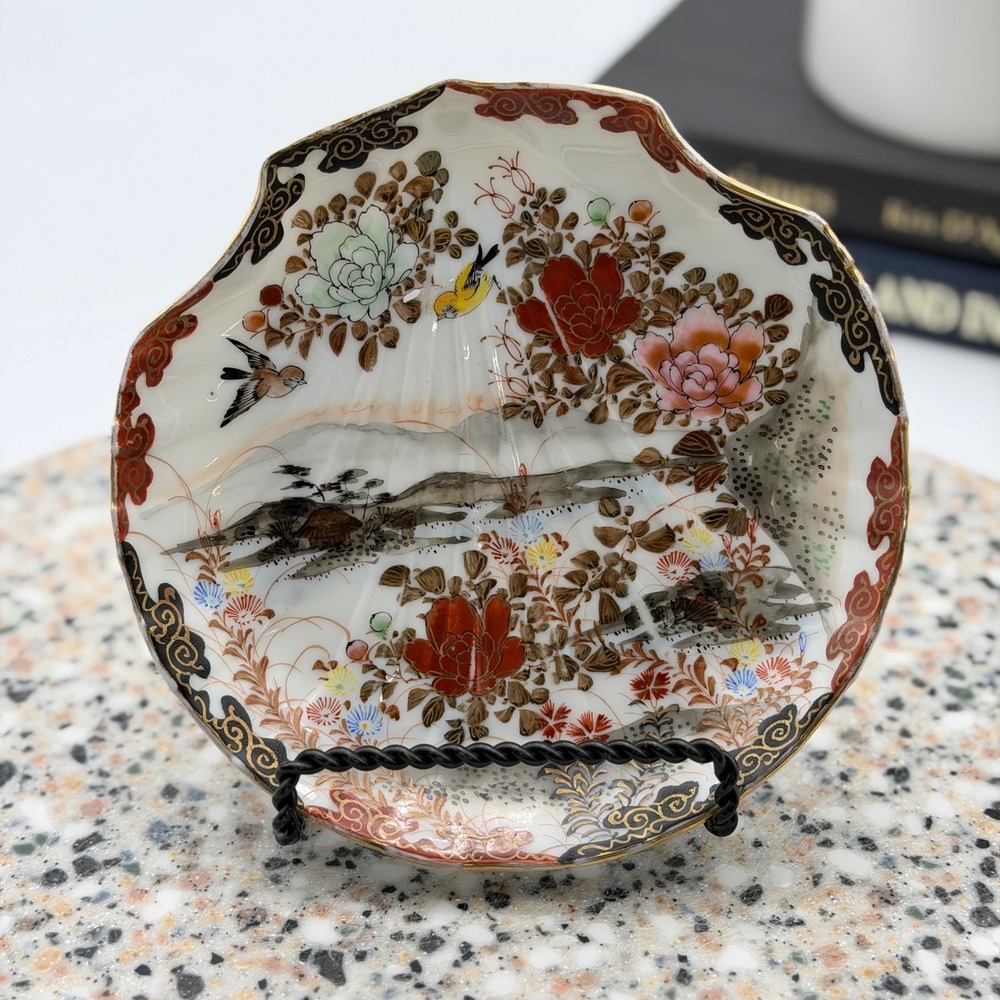 Vintage Japanese Porcelain Scalloped Shell Dish Floral Bird Landscape 5.75"